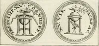 An illustration from Veterum Romanorum Religio castrametatio, disciplina militaris ut & balneae ex antiquis numismatibus & lapidibus demonstrata (1686)