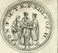 An illustration from Veterum Romanorum Religio castrametatio, disciplina militaris ut & balneae ex antiquis numismatibus & lapidibus demonstrata (1686)