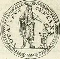 An illustration from Veterum Romanorum Religio castrametatio, disciplina militaris ut & balneae ex antiquis numismatibus & lapidibus demonstrata (1686)