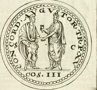 An illustration from Veterum Romanorum Religio castrametatio, disciplina militaris ut & balneae ex antiquis numismatibus & lapidibus demonstrata (1686)