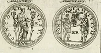 An illustration from Veterum Romanorum Religio castrametatio, disciplina militaris ut & balneae ex antiquis numismatibus & lapidibus demonstrata (1686)