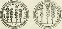 An illustration from Veterum Romanorum Religio castrametatio, disciplina militaris ut & balneae ex antiquis numismatibus & lapidibus demonstrata (1686)