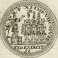 An illustration from Veterum Romanorum Religio castrametatio, disciplina militaris ut & balneae ex antiquis numismatibus & lapidibus demonstrata (1686)