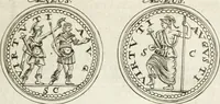 An illustration from Veterum Romanorum Religio castrametatio, disciplina militaris ut & balneae ex antiquis numismatibus & lapidibus demonstrata (1686)