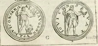 An illustration from Veterum Romanorum Religio castrametatio, disciplina militaris ut & balneae ex antiquis numismatibus & lapidibus demonstrata (1686)