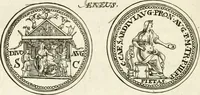 An illustration from Veterum Romanorum Religio castrametatio, disciplina militaris ut & balneae ex antiquis numismatibus & lapidibus demonstrata (1686)
