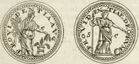 An illustration from Veterum Romanorum Religio castrametatio, disciplina militaris ut & balneae ex antiquis numismatibus & lapidibus demonstrata (1686)