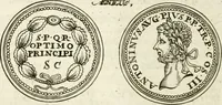 Picture 113 of 495 from Veterum Romanorum Religio castrametatio, disciplina militaris ut & balneae ex antiquis numismatibus & lapidibus demonstrata (1686), leaf 77