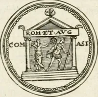 An illustration from Veterum Romanorum Religio castrametatio, disciplina militaris ut & balneae ex antiquis numismatibus & lapidibus demonstrata (1686)