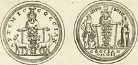 An illustration from Veterum Romanorum Religio castrametatio, disciplina militaris ut & balneae ex antiquis numismatibus & lapidibus demonstrata (1686)