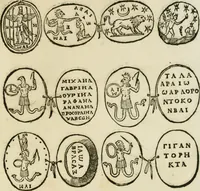An illustration from Vetvstissimae tabvlae aeneae sacris aegyptiorum simulachris coelatae accurata explicatio : in qua antiquissimarum superstitionum origines, progressiones, ritus ad barbaram, graecam, romanamque historiam illustrandam enarrantur, & multa scriptorum veterum loca qua explanantur, qua emendantur (1605)
