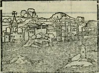 An illustration from Viaggio da Venetia al Santo Sepolcro, et al monte Sinai; col dissegno delle città, castelli, ville, chiese, monasterij, isole, porti, & fiumi, che sin là si ritrouano; et vna breue regola di quanto si dee osseruar nel detto viaggio, e quel che si paga da luoco à luoco, sì di dacij, come d'altre cose (1606)