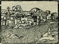An illustration from Viaggio da Venetia al Santo Sepolcro, et al monte Sinai; col dissegno delle città, castelli, ville, chiese, monasterij, isole, porti, & fiumi, che sin là si ritrouano; et vna breue regola di quanto si dee osseruar nel detto viaggio, e quel che si paga da luoco à luoco, sì di dacij, come d'altre cose (1606)