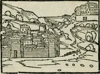 An illustration from Viaggio da Venetia al Santo Sepolcro, et al monte Sinai; col dissegno delle città, castelli, ville, chiese, monasterij, isole, porti, & fiumi, che sin là si ritrouano; et vna breue regola di quanto si dee osseruar nel detto viaggio, e quel che si paga da luoco à luoco, sì di dacij, come d'altre cose (1606)