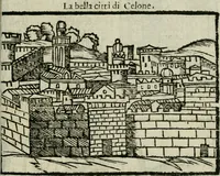 An illustration from Viaggio da Venetia al Santo Sepolcro, et al monte Sinai; col dissegno delle città, castelli, ville, chiese, monasterij, isole, porti, & fiumi, che sin là si ritrouano; et vna breue regola di quanto si dee osseruar nel detto viaggio, e quel che si paga da luoco à luoco, sì di dacij, come d'altre cose (1606)