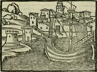 An illustration from Viaggio da Venetia al Santo Sepolcro, et al monte Sinai; col dissegno delle città, castelli, ville, chiese, monasterij, isole, porti, & fiumi, che sin là si ritrouano; et vna breue regola di quanto si dee osseruar nel detto viaggio, e quel che si paga da luoco à luoco, sì di dacij, come d'altre cose (1606)