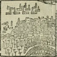 An illustration from Viaggio da Venetia al Santo Sepolcro, et al monte Sinai; col dissegno delle città, castelli, ville, chiese, monasterij, isole, porti, & fiumi, che sin là si ritrouano; et vna breue regola di quanto si dee osseruar nel detto viaggio, e quel che si paga da luoco à luoco, sì di dacij, come d'altre cose (1606)