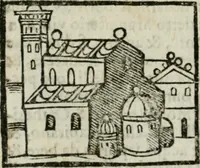 An illustration from Viaggio da Venetia al Santo Sepolcro, et al monte Sinai; col dissegno delle città, castelli, ville, chiese, monasterij, isole, porti, & fiumi, che sin là si ritrouano; et vna breue regola di quanto si dee osseruar nel detto viaggio, e quel che si paga da luoco à luoco, sì di dacij, come d'altre cose (1606)