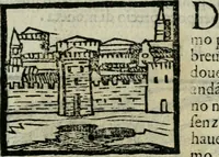 An illustration from Viaggio da Venetia al Santo Sepolcro, et al monte Sinai; col dissegno delle città, castelli, ville, chiese, monasterij, isole, porti, & fiumi, che sin là si ritrouano; et vna breue regola di quanto si dee osseruar nel detto viaggio, e quel che si paga da luoco à luoco, sì di dacij, come d'altre cose (1606)