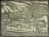 An illustration from Viaggio da Venetia al Santo Sepolcro, et al monte Sinai; col dissegno delle città, castelli, ville, chiese, monasterij, isole, porti, & fiumi, che sin là si ritrouano; et vna breue regola di quanto si dee osseruar nel detto viaggio, e quel che si paga da luoco à luoco, sì di dacij, come d'altre cose (1606)