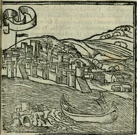 An illustration from Viaggio da Venetia al Santo Sepolcro, et al monte Sinai; col dissegno delle città, castelli, ville, chiese, monasterij, isole, porti, & fiumi, che sin là si ritrouano; et vna breue regola di quanto si dee osseruar nel detto viaggio, e quel che si paga da luoco à luoco, sì di dacij, come d'altre cose (1606)