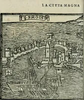 An illustration from Viaggio da Venetia al Santo Sepolcro, et al monte Sinai; col dissegno delle città, castelli, ville, chiese, monasterij, isole, porti, & fiumi, che sin là si ritrouano; et vna breue regola di quanto si dee osseruar nel detto viaggio, e quel che si paga da luoco à luoco, sì di dacij, come d'altre cose (1606)