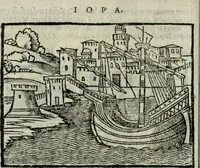 An illustration from Viaggio da Venetia al Santo Sepolcro, et al monte Sinai; col dissegno delle città, castelli, ville, chiese, monasterij, isole, porti, & fiumi, che sin là si ritrouano; et vna breue regola di quanto si dee osseruar nel detto viaggio, e quel che si paga da luoco à luoco, sì di dacij, come d'altre cose (1606)