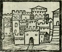 An illustration from Viaggio da Venetia al Santo Sepolcro, et al monte Sinai; col dissegno delle città, castelli, ville, chiese, monasterij, isole, porti, & fiumi, che sin là si ritrouano; et vna breue regola di quanto si dee osseruar nel detto viaggio, e quel che si paga da luoco à luoco, sì di dacij, come d'altre cose (1606)