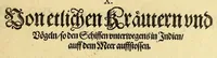 An illustration from Vierder Theil der Orie[n]talischen Indien, in welchen erstlich gehandelt wirt, von allerley Thiern, Früchten, Obs, vnd Bäumen, item von allerhand Würtz, Specereyen vnd Materialen, auch von Perlen vnd allerley Edelgesteinen, so in gemelten Indien gefunden werden, wo vnd wie sie wachsen, daselbst geschätzet, gekaufft, vnd genant werden: beschrieben durch Johan[n] Hugen von Lintschotten, vnd andere. : Auch mit schönen Annotationibus gezieret vnd erkläret durch Bernardum Paludanum Med. D. in Enckheusen. Zum andern, die letzte Reise der Holländer in die Ost-Indien, welche aussgefahren im Frühling dess 1598. Jahrs, vnd mit 4. Schiffen widerumb glücklich anheim gelanget, im Monat Julio dess 1599. Jahrs, (1617)