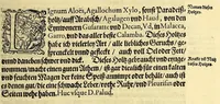 An illustration from Vierder Theil der Orientalischen Indien, in welchem erstlich gehandelt wirdt, von allerley Thieren, Früchten, Obs, vn[d] Bäumen, item von allerhand Würtz, Specereyen vnd Materialen, auch von Perlen vnd allerley Edelgesteinen, so in gemeldten Indien gefunden werden, wo vnd wie sie wachsen, auch wie sie daselbt geschätzet, gekaufft, vnd genannt werden, beschrieben durch Johann Hugen von Lintschotten, vnd andere. : Auch mit schönen Annotationibus gezieret vnd erkläret durch Bernardum Paludanum Medicinae D. in Enckheusen. Zum andern, die letzte Reise der Holländer in die Ost-Indien, welche aussgefahren im Frühling dess 1598. Jahrs. vnd mit 4. Schiffen wiederumb glücklich anheim gelanget, im Monat Julio dess 1599. Jahrs, (1600)