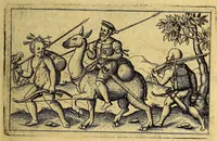 An illustration from Vierte Schiffart. Warhafftige Historien. Einer wunderbaren Schiffart, welche Ulrich Schmidel von Straubing, von Anno 1534. biss Anno 1554, in Americam oder Neuwewelt, bey Brasilia vnd Rio della Plata gethan. : Was er in diesen neuntzehen Jahren aussgestanden, vn[d] was für seltzame wunderbare Länder vnd Leut er gesehen: durch ermelten Schmidel selbst beschrieben, an jetzt aber an Tag geben mit Verbesserung vnd Corrigierung der Stätt, Länder vnd Flüss Namen, dessgleichen mit einer nothwendigen Landtaffel, Figuren, vnd anderer mehr Erklerung, gezieret, (1602)