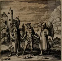 An illustration from Vier tractätlein Fr. Basilii Valentini benedicter ordens von dem grossen stäin der vralten weysen maister, vnd artzneyen menschlicher gesundheyt : deren er in seinen andern schrifften gedencket, aber vor diesem niemahlen an tag kommen seind, alss nemblich seine : 1. Handgriffe vber die bereitung des grossen steins : 2. Handgriffe wie er seine artzneyen gemacht hat : 3. Schlussreden vom sulphure, victriolo, vnnd magnete : 4. Supplementum oder zugabe (1625)