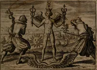 An illustration from Vier tractätlein Fr. Basilii Valentini benedicter ordens von dem grossen stäin der vralten weysen maister, vnd artzneyen menschlicher gesundheyt : deren er in seinen andern schrifften gedencket, aber vor diesem niemahlen an tag kommen seind, alss nemblich seine : 1. Handgriffe vber die bereitung des grossen steins : 2. Handgriffe wie er seine artzneyen gemacht hat : 3. Schlussreden vom sulphure, victriolo, vnnd magnete : 4. Supplementum oder zugabe (1625)