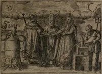 An illustration from Vier tractätlein Fr. Basilii Valentini benedicter ordens von dem grossen stäin der vralten weysen maister, vnd artzneyen menschlicher gesundheyt : deren er in seinen andern schrifften gedencket, aber vor diesem niemahlen an tag kommen seind, alss nemblich seine : 1. Handgriffe vber die bereitung des grossen steins : 2. Handgriffe wie er seine artzneyen gemacht hat : 3. Schlussreden vom sulphure, victriolo, vnnd magnete : 4. Supplementum oder zugabe (1625)