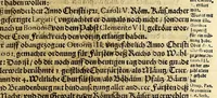 An illustration from Vier vnterschiedliche Relationes Historicae : I. Welche massen die zu gegenwertiger Zeit Regirende Kaiser: auch zu Hungarn vnd Boheim konigliche Majestät fürsich vnd deroselben nechste Bluts verwante zwey vnd dreyssig römische Kaiser titulo Parentum zu Voreltern erlangt habe. II. Durch was mittel das hochlobliche Hauss der Ertzhertzogen zu Österreich zu so viel Land vnd Leuten gelangt. III. Was seithero Caroli Magni Zeiten zu und von dem Reich kommen vnd biss auf dato dabey verbleiber. IV. Welcher gestalt die zugegenwertiger Zeit lebende europaeische Ehristliche König, Chur vnd Fürsten dess Reichs vorgedachten Hochl. Hauss der Ertzhertzogen zu Österreich verwandt sein: vnd welcher massen ihrer samtlichen Genealogia Materno Genere auf Rudolphum I. Kom Kaiser. vnd andere österreichische Herrn gebracht werden könne. (1636)