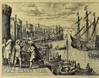 An illustration from Vierzehender Theil Americanischer Historien, : inhaltend, erstlich, warhafftige Beschreibung etlicher West-Indianischer Landen in dem Theil Americae gegen Mitternacht hinder Nova Hispania gelegen, alss New Mexico, Cibola, Cinaloa, Quiuira, vnd anderer, deren bissher in vnserm West-Indianischen Werck Theils gar nicht, theils sehr wenig gedacht worden, sampt Denckwürdigen Geschichten vnd Wunderwercken der Natur in Jucatan, Guatimala, Fonduras, vnd Panama, wie auch vom Zustandt etlicher Englischen Colonien, wie sich die in lauffendem 1630. Jahr befinden. Zum andern, eine Schiffart der Holländer vnder dem Admiral Jacob Eremiten vmb die gantze Welt, vnd was ihm auff dieser sehr langen vnd gefährlichen Reyse begegnet, alles in Form eines Jurnals oder Tagregisters fleissig verzeichnet. Zum dritten, historische Erzehlung, welcher gestalt die sehr reiche Spanische Silberflotta durch Peter Hein, General der Holländischen Armada in dem Hafen Matanza der Insul Cuba im September dess Jahrs 1628. ertapt vnd heim gebracht worden. Zum Vierdten, was massen die Statt Olinda de Fernambucco in Brasilien, sampt dem Meerport vnd dabey Ligenden Castellan, durch die Holländer vnder dem General Heinrich Cornelis Lunck erobert worden, im Monat Februario dess Jahrs 1630. Alles mit zugehörigen Tafeln vnd Kupfferstücken gezieret, verlegt vnd an Tag gegeben (1630)