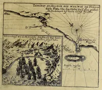 An illustration from Vierzehender Theil Americanischer Historien, : inhaltend, erstlich, warhafftige Beschreibung etlicher West-Indianischer Landen in dem Theil Americae gegen Mitternacht hinder Nova Hispania gelegen, alss New Mexico, Cibola, Cinaloa, Quiuira, vnd anderer, deren bissher in vnserm West-Indianischen Werck Theils gar nicht, theils sehr wenig gedacht worden, sampt Denckwürdigen Geschichten vnd Wunderwercken der Natur in Jucatan, Guatimala, Fonduras, vnd Panama, wie auch vom Zustandt etlicher Englischen Colonien, wie sich die in lauffendem 1630. Jahr befinden. Zum andern, eine Schiffart der Holländer vnder dem Admiral Jacob Eremiten vmb die gantze Welt, vnd was ihm auff dieser sehr langen vnd gefährlichen Reyse begegnet, alles in Form eines Jurnals oder Tagregisters fleissig verzeichnet. Zum dritten, historische Erzehlung, welcher gestalt die sehr reiche Spanische Silberflotta durch Peter Hein, General der Holländischen Armada in dem Hafen Matanza der Insul Cuba im September dess Jahrs 1628. ertapt vnd heim gebracht worden. Zum Vierdten, was massen die Statt Olinda de Fernambucco in Brasilien, sampt dem Meerport vnd dabey Ligenden Castellan, durch die Holländer vnder dem General Heinrich Cornelis Lunck erobert worden, im Monat Februario dess Jahrs 1630. Alles mit zugehörigen Tafeln vnd Kupfferstücken gezieret, verlegt vnd an Tag gegeben (1630)
