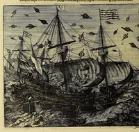 An illustration from Vierzehender Theil Americanischer Historien, : inhaltend, erstlich, warhafftige Beschreibung etlicher West-Indianischer Landen in dem Theil Americae gegen Mitternacht hinder Nova Hispania gelegen, alss New Mexico, Cibola, Cinaloa, Quiuira, vnd anderer, deren bissher in vnserm West-Indianischen Werck Theils gar nicht, theils sehr wenig gedacht worden, sampt Denckwürdigen Geschichten vnd Wunderwercken der Natur in Jucatan, Guatimala, Fonduras, vnd Panama, wie auch vom Zustandt etlicher Englischen Colonien, wie sich die in lauffendem 1630. Jahr befinden. Zum andern, eine Schiffart der Holländer vnder dem Admiral Jacob Eremiten vmb die gantze Welt, vnd was ihm auff dieser sehr langen vnd gefährlichen Reyse begegnet, alles in Form eines Jurnals oder Tagregisters fleissig verzeichnet. Zum dritten, historische Erzehlung, welcher gestalt die sehr reiche Spanische Silberflotta durch Peter Hein, General der Holländischen Armada in dem Hafen Matanza der Insul Cuba im September dess Jahrs 1628. ertapt vnd heim gebracht worden. Zum Vierdten, was massen die Statt Olinda de Fernambucco in Brasilien, sampt dem Meerport vnd dabey Ligenden Castellan, durch die Holländer vnder dem General Heinrich Cornelis Lunck erobert worden, im Monat Februario dess Jahrs 1630. Alles mit zugehörigen Tafeln vnd Kupfferstücken gezieret, verlegt vnd an Tag gegeben (1630)