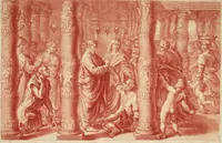 An illustration from VII tabulae Raphaelis Urbin [graphic] : longe celeberrimae quas hortatu P. Pauli Rubenij Eq. ingenti sumptu emptas in Angliam advehi jussit serenissimus Rex Carolus I. et quibus adservandis magnificam in Aula Hamptonensi Pinacothecam fieri imperârunt augustissimi Principes Gulielmus & Maria Rex & Regina = The seven cartons of Raphael Urbin : which King Charles the 1.st bought by advice of P. Paul Rubens and which are preserved in the Gallery at Hampton Court erected for that purpose by order of King William and Queen Mary (1722)