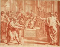 An illustration from VII tabulae Raphaelis Urbin [graphic] : longe celeberrimae quas hortatu P. Pauli Rubenij Eq. ingenti sumptu emptas in Angliam advehi jussit serenissimus Rex Carolus I. et quibus adservandis magnificam in Aula Hamptonensi Pinacothecam fieri imperârunt augustissimi Principes Gulielmus & Maria Rex & Regina = The seven cartons of Raphael Urbin : which King Charles the 1.st bought by advice of P. Paul Rubens and which are preserved in the Gallery at Hampton Court erected for that purpose by order of King William and Queen Mary (1722)