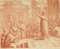 An illustration from VII tabulae Raphaelis Urbin [graphic] : longe celeberrimae quas hortatu P. Pauli Rubenij Eq. ingenti sumptu emptas in Angliam advehi jussit serenissimus Rex Carolus I. et quibus adservandis magnificam in Aula Hamptonensi Pinacothecam fieri imperârunt augustissimi Principes Gulielmus & Maria Rex & Regina = The seven cartons of Raphael Urbin : which King Charles the 1.st bought by advice of P. Paul Rubens and which are preserved in the Gallery at Hampton Court erected for that purpose by order of King William and Queen Mary (1722)