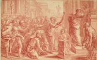 An illustration from VII tabulae Raphaelis Urbin [graphic] : longe celeberrimae quas hortatu P. Pauli Rubenij Eq. ingenti sumptu emptas in Angliam advehi jussit serenissimus Rex Carolus I. et quibus adservandis magnificam in Aula Hamptonensi Pinacothecam fieri imperârunt augustissimi Principes Gulielmus & Maria Rex & Regina = The seven cartons of Raphael Urbin : which King Charles the 1.st bought by advice of P. Paul Rubens and which are preserved in the Gallery at Hampton Court erected for that purpose by order of King William and Queen Mary (1722)