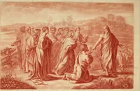 An illustration from VII tabulae Raphaelis Urbin [graphic] : longe celeberrimae quas hortatu P. Pauli Rubenij Eq. ingenti sumptu emptas in Angliam advehi jussit serenissimus Rex Carolus I. et quibus adservandis magnificam in Aula Hamptonensi Pinacothecam fieri imperârunt augustissimi Principes Gulielmus & Maria Rex & Regina = The seven cartons of Raphael Urbin : which King Charles the 1.st bought by advice of P. Paul Rubens and which are preserved in the Gallery at Hampton Court erected for that purpose by order of King William and Queen Mary (1722)