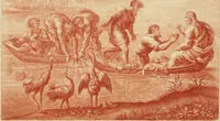 An illustration from VII tabulae Raphaelis Urbin [graphic] : longe celeberrimae quas hortatu P. Pauli Rubenij Eq. ingenti sumptu emptas in Angliam advehi jussit serenissimus Rex Carolus I. et quibus adservandis magnificam in Aula Hamptonensi Pinacothecam fieri imperârunt augustissimi Principes Gulielmus & Maria Rex & Regina = The seven cartons of Raphael Urbin : which King Charles the 1.st bought by advice of P. Paul Rubens and which are preserved in the Gallery at Hampton Court erected for that purpose by order of King William and Queen Mary (1722)
