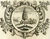 An illustration from VIrtVosIVs pantheon, Deo & sanCtIs ereCtVM, id est, Sermones panegyrici de praecipuis sacrorum ordinum fundatoribus, patriarchis, aliisque terrarum patronis, ad normam & formam Psalmo-graphi, Psal. 148.v.I : LaVDate IpsVM In eXCeLsIs : insertis nonnullis festis de B.M.V. de circumcisione Domini &c. & duodecim signis praedestinationis, quorum singula singulis mensibus praefiguntur cum symbolis chrono-graphicis, & figuris = Das ist, Lob-Predigen von denen fürnehmsten heil. Ordens-Stifftern, Patriarchen, und andern heiligen Lands-Patronen : dann auch auff etwelchen Mariae-Festtägen, und von denen 12. Zeichen der göttlichen Gnaden-Wahl, deren jedes jedem Monat vorgesetzt wird : pars [I-III] (1723)