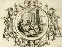 An illustration from VIrtVosIVs pantheon, Deo & sanCtIs ereCtVM, id est, Sermones panegyrici de praecipuis sacrorum ordinum fundatoribus, patriarchis, aliisque terrarum patronis, ad normam & formam Psalmo-graphi, Psal. 148.v.I : LaVDate IpsVM In eXCeLsIs : insertis nonnullis festis de B.M.V. de circumcisione Domini &c. & duodecim signis praedestinationis, quorum singula singulis mensibus praefiguntur cum symbolis chrono-graphicis, & figuris = Das ist, Lob-Predigen von denen fürnehmsten heil. Ordens-Stifftern, Patriarchen, und andern heiligen Lands-Patronen : dann auch auff etwelchen Mariae-Festtägen, und von denen 12. Zeichen der göttlichen Gnaden-Wahl, deren jedes jedem Monat vorgesetzt wird : pars [I-III] (1723)