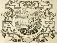 An illustration from VIrtVosIVs pantheon, Deo & sanCtIs ereCtVM, id est, Sermones panegyrici de praecipuis sacrorum ordinum fundatoribus, patriarchis, aliisque terrarum patronis, ad normam & formam Psalmo-graphi, Psal. 148.v.I : LaVDate IpsVM In eXCeLsIs : insertis nonnullis festis de B.M.V. de circumcisione Domini &c. & duodecim signis praedestinationis, quorum singula singulis mensibus praefiguntur cum symbolis chrono-graphicis, & figuris = Das ist, Lob-Predigen von denen fürnehmsten heil. Ordens-Stifftern, Patriarchen, und andern heiligen Lands-Patronen : dann auch auff etwelchen Mariae-Festtägen, und von denen 12. Zeichen der göttlichen Gnaden-Wahl, deren jedes jedem Monat vorgesetzt wird : pars [I-III] (1723)