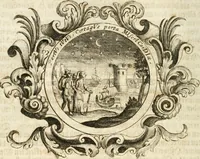 An illustration from VIrtVosIVs pantheon, Deo & sanCtIs ereCtVM, id est, Sermones panegyrici de praecipuis sacrorum ordinum fundatoribus, patriarchis, aliisque terrarum patronis, ad normam & formam Psalmo-graphi, Psal. 148.v.I : LaVDate IpsVM In eXCeLsIs : insertis nonnullis festis de B.M.V. de circumcisione Domini &c. & duodecim signis praedestinationis, quorum singula singulis mensibus praefiguntur cum symbolis chrono-graphicis, & figuris = Das ist, Lob-Predigen von denen fürnehmsten heil. Ordens-Stifftern, Patriarchen, und andern heiligen Lands-Patronen : dann auch auff etwelchen Mariae-Festtägen, und von denen 12. Zeichen der göttlichen Gnaden-Wahl, deren jedes jedem Monat vorgesetzt wird : pars [I-III] (1723)