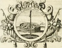An illustration from VIrtVosIVs pantheon, Deo & sanCtIs ereCtVM, id est, Sermones panegyrici de praecipuis sacrorum ordinum fundatoribus, patriarchis, aliisque terrarum patronis, ad normam & formam Psalmo-graphi, Psal. 148.v.I : LaVDate IpsVM In eXCeLsIs : insertis nonnullis festis de B.M.V. de circumcisione Domini &c. & duodecim signis praedestinationis, quorum singula singulis mensibus praefiguntur cum symbolis chrono-graphicis, & figuris = Das ist, Lob-Predigen von denen fürnehmsten heil. Ordens-Stifftern, Patriarchen, und andern heiligen Lands-Patronen : dann auch auff etwelchen Mariae-Festtägen, und von denen 12. Zeichen der göttlichen Gnaden-Wahl, deren jedes jedem Monat vorgesetzt wird : pars [I-III] (1723)