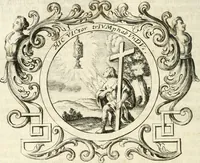An illustration from VIrtVosIVs pantheon, Deo & sanCtIs ereCtVM, id est, Sermones panegyrici de praecipuis sacrorum ordinum fundatoribus, patriarchis, aliisque terrarum patronis, ad normam & formam Psalmo-graphi, Psal. 148.v.I : LaVDate IpsVM In eXCeLsIs : insertis nonnullis festis de B.M.V. de circumcisione Domini &c. & duodecim signis praedestinationis, quorum singula singulis mensibus praefiguntur cum symbolis chrono-graphicis, & figuris = Das ist, Lob-Predigen von denen fürnehmsten heil. Ordens-Stifftern, Patriarchen, und andern heiligen Lands-Patronen : dann auch auff etwelchen Mariae-Festtägen, und von denen 12. Zeichen der göttlichen Gnaden-Wahl, deren jedes jedem Monat vorgesetzt wird : pars [I-III] (1723)